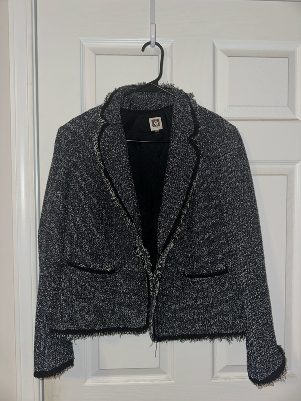 Anne Klein Black & Gray Tweed Frayed-Trim Cropped Blazer